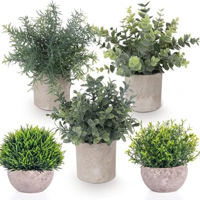 5 Pack Mini Faux Artificial Eucalyptus Greenery Plastic Small Green Grass Potted Plants for Office