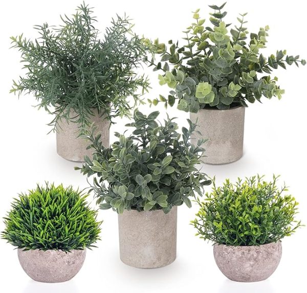 5 Pack Mini Faux Artificial Eucalyptus Greenery Plastic Small Green Grass Potted Plants for Office